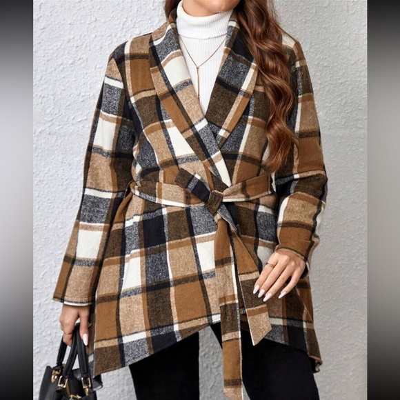 Plus Plaid Checker Print Cardigan with Hoodie
